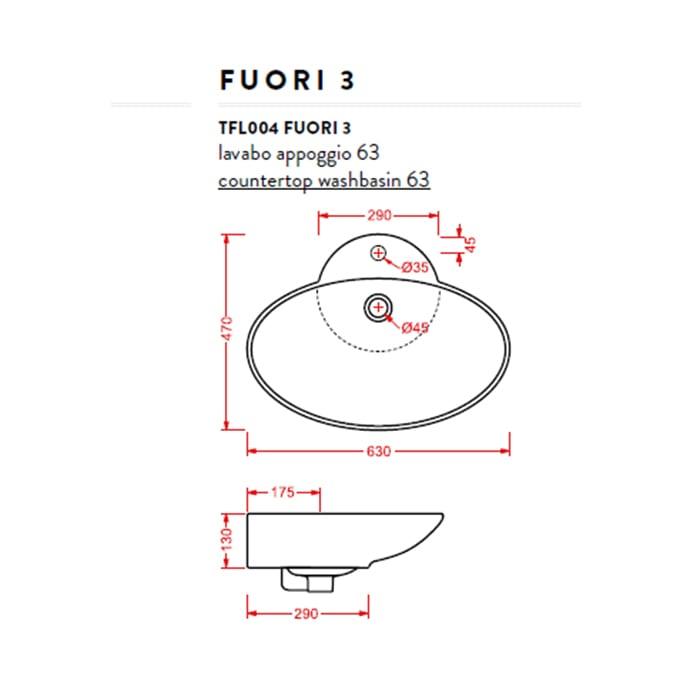 Раковина накладная Artceram Washbasins Fuori TFL004 01 00 bi*1 63х47