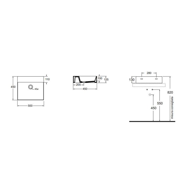 Раковина подвесная/накладная Azzurra Elegance Squared ELLP050450Q0BI/(EQA50 bi)*0 50х45