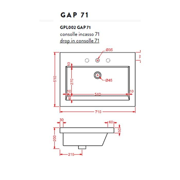 Раковина встраиваемая Artceram Washbasins Gap GPL002 01 00 bi*1 71х51