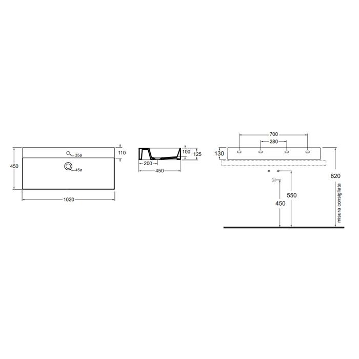 Раковина подвесная/накладная Azzurra Elegance Squared ELLP102450QMBI/(EQA102M bi)*1 102х45