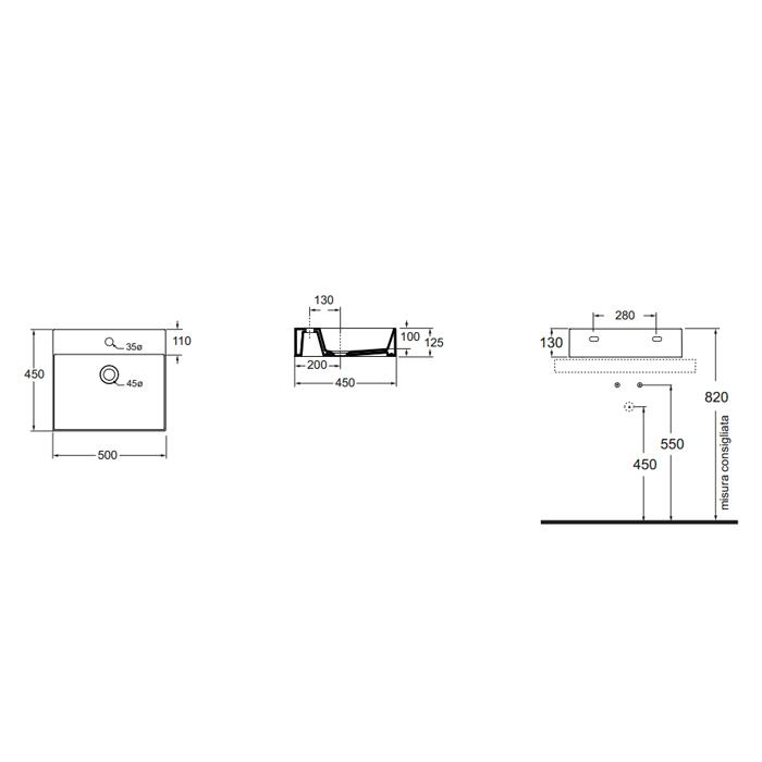 Раковина подвесная/накладная Azzurra Elegance Squared ELLP050450QMBI/(EQA50M bi)*1 50х45