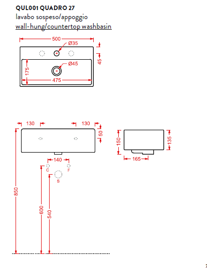 Раковина подвесная/накладная Artceram Quadro QUL001 01 00 bi 50х27