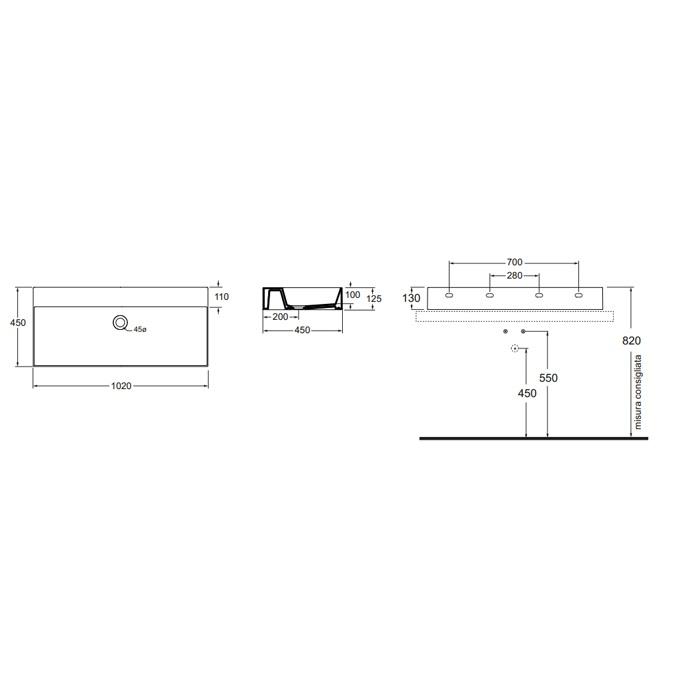 Раковина подвесная/накладная Azzurra Elegance Squared ELLP102450Q0BI/(EQA102*bi)*0 102х45