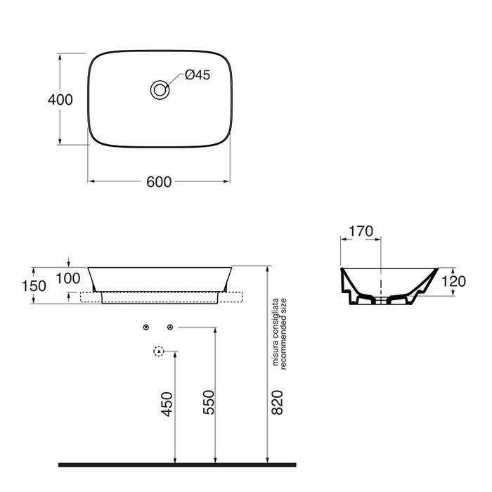 Раковина накладная Azzurra Prua PRLN06040000BI/(PRU60/IN bi)*0 60x40