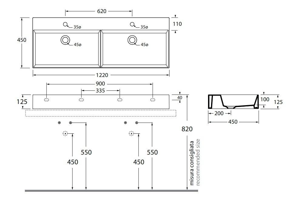 Раковина подвесная/накладная Azzurra Elegance ELLP12245DQMBI/(EQA122 2V/2F bi)*2 122х45