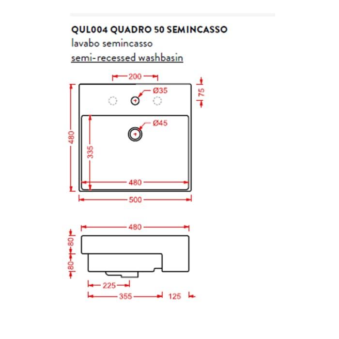 Раковина полувстраиваемая Artceram Quadro QUL004 01 00 bi 50х48