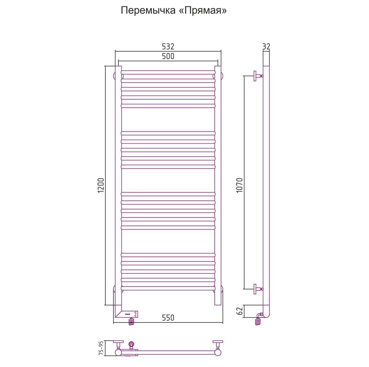 Полотенцесушитель электрический Сунержа Богема 2.0 прямая перемычка левый 00-5204-1250 120x50
