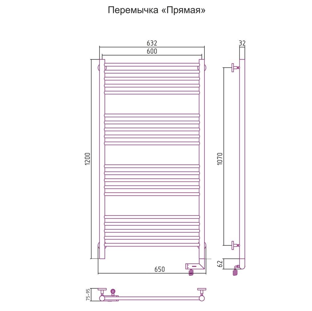 Полотенцесушитель электрический Сунержа Богема 2.0 прямая перемычка правый 00-5205-1260 120x60