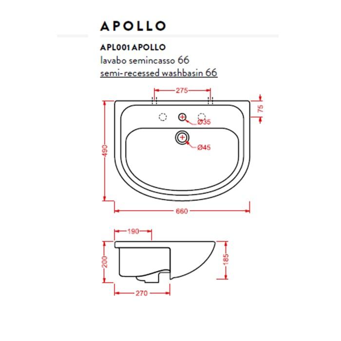 Раковина полувстраиваемая Artceram Washbasins Apollo APL001 01 00 bi*1 66х49