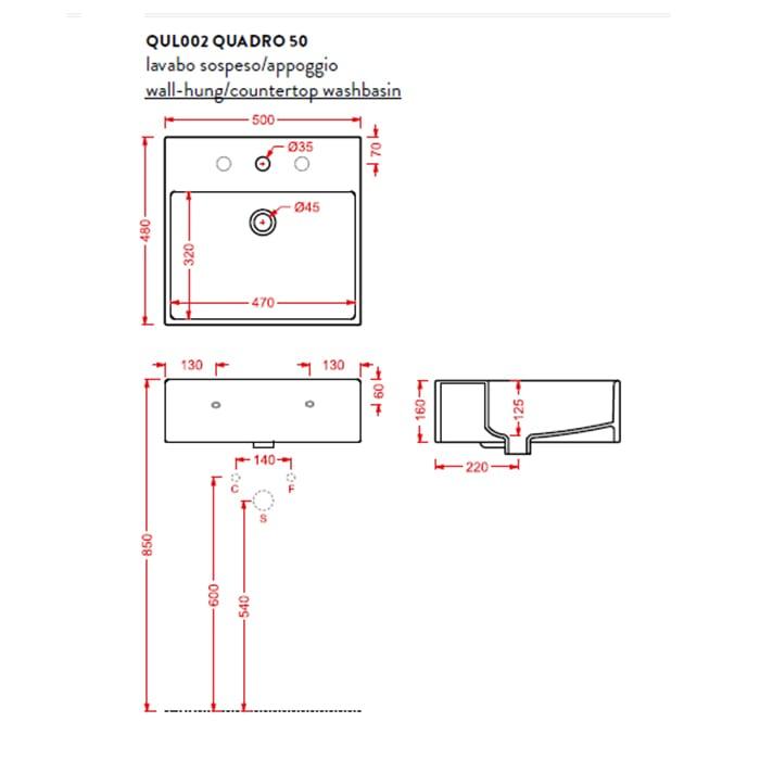 Раковина подвесная/накладная Artceram Quadro QUL002 01 00 bi 50х48