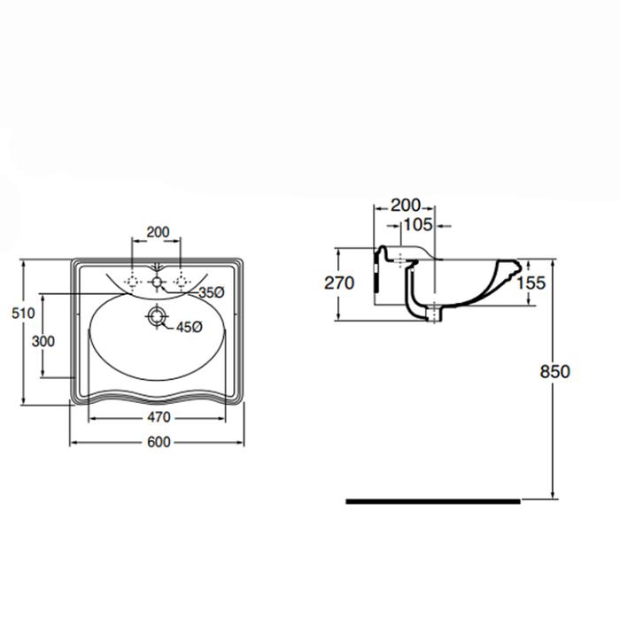 Раковина подвесная Azzurra Jubilaeum JULS0605100MBI/(JUB200/60M bi|)*1 60х51