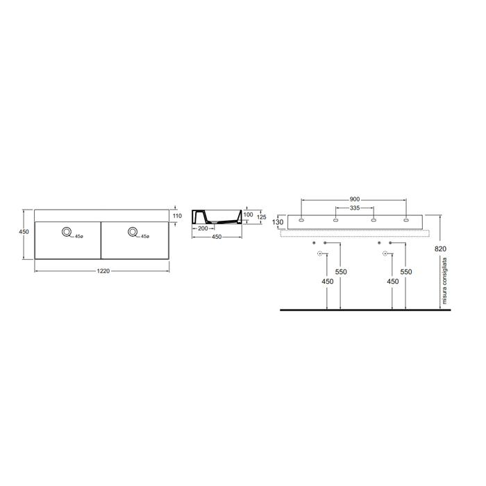 Раковина подвесная/накладная Azzurra Elegance ELLP12245DQ0BI/(EQA122 2V bi)*0 122х45