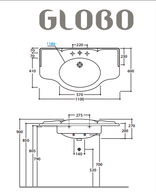 Раковина подвесная/накладная Globo Paestum PA022.BI*1 110х60