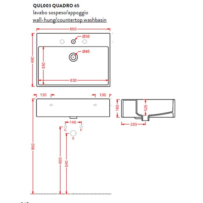 Раковина подвесная/накладная Artceram Quadro QUL003 01 00 bi 65х48