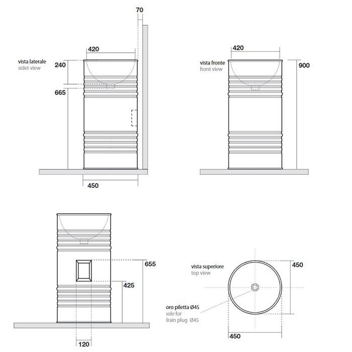 Раковина напольная Kerasan Artwork Barrel Bianco plata 474386 90х45
