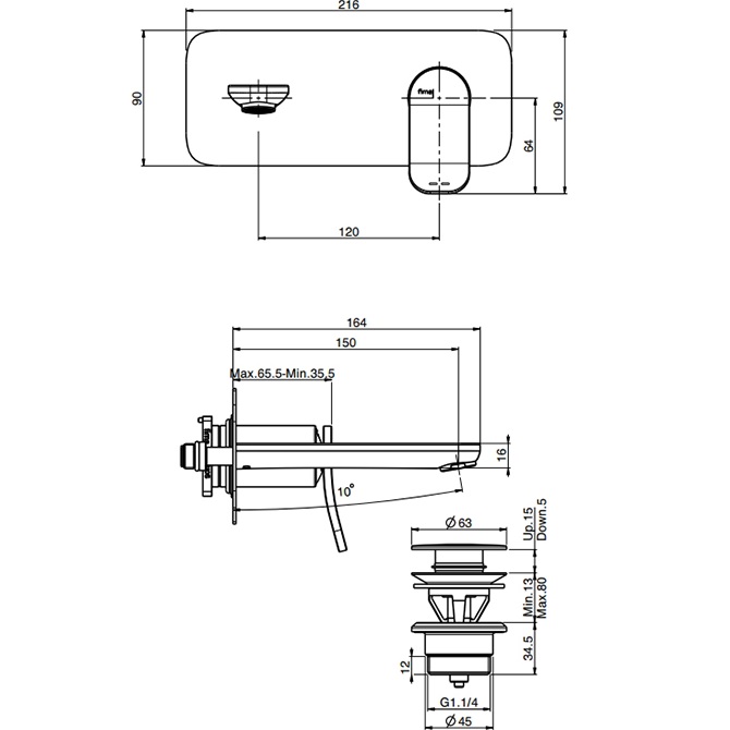 Cмеситель для раковины встраиваемый Fima Carlo Frattini Flo F3821WX5NS (черный матовый), с донным клапаном