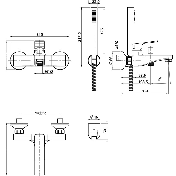 Cмеситель для ванны настенный Fima Carlo Frattini Fit F3384CR (хром), с ручным душем