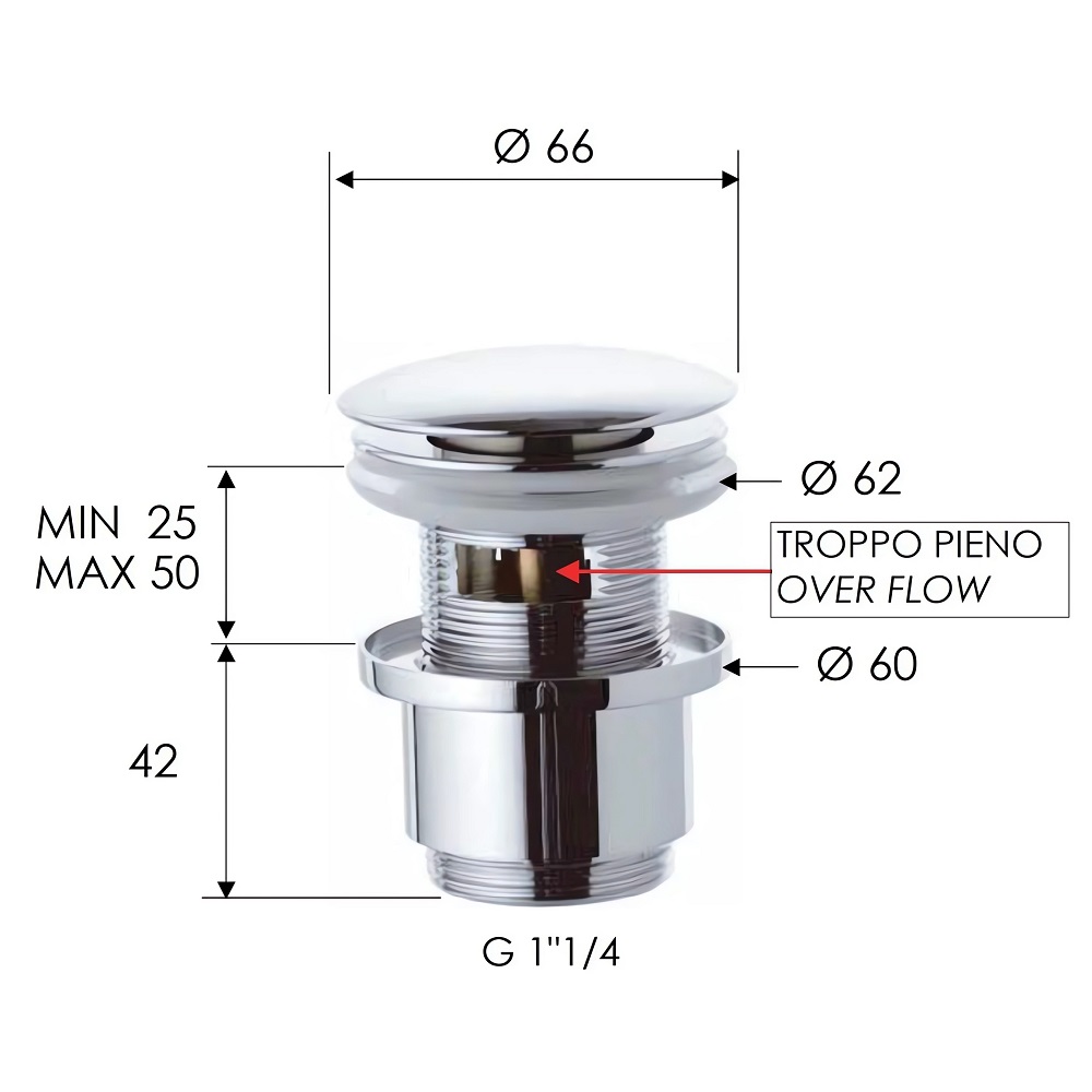 Донный клапан Remer 905CC2114DO (золото глянцевое), с переливом, короткий