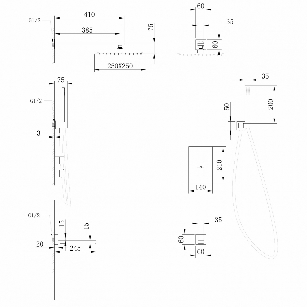 Душевая система скрытого монтажа с термостатом Abber Daheim AF8250NG (оружейная сталь), излив
