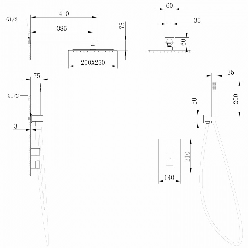 Душевая система скрытого монтажа с термостатом Abber Daheim AF8251NG (оружейная сталь), без излива