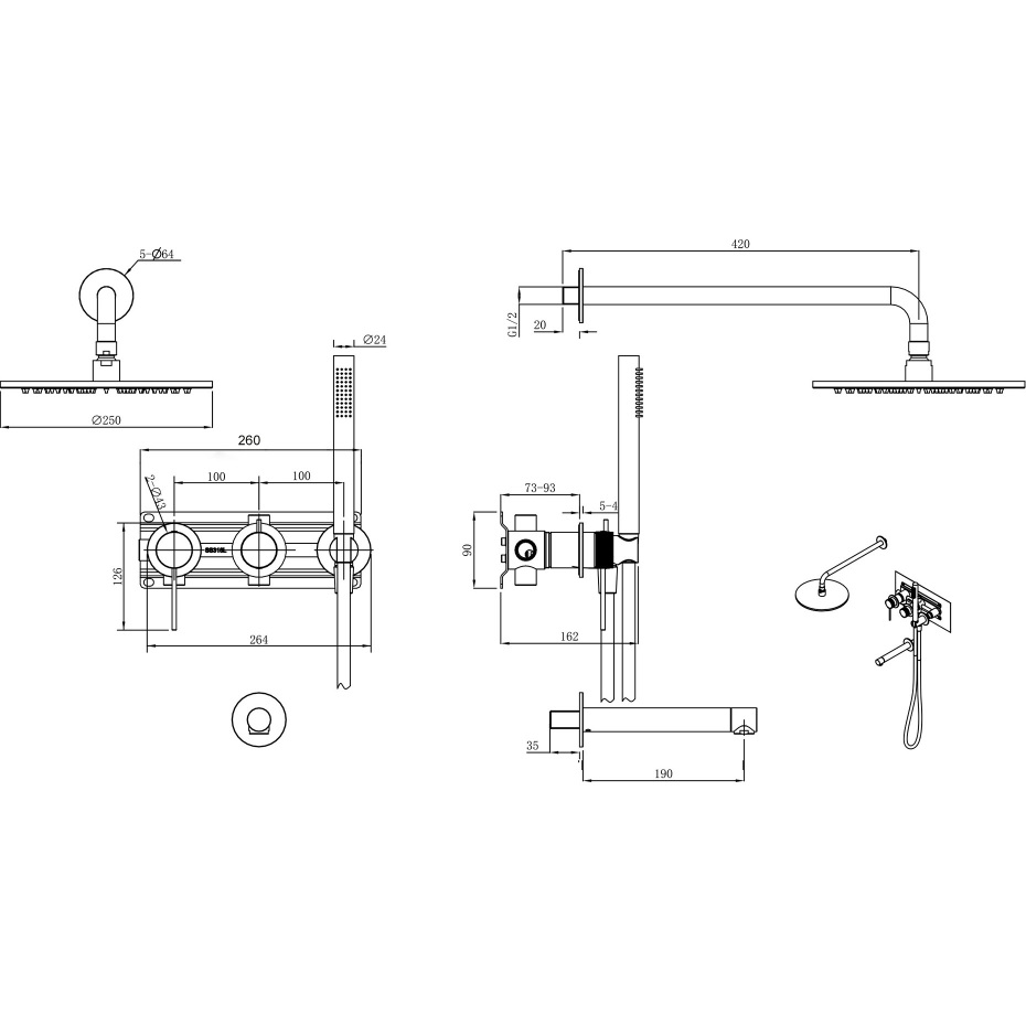 Душевая система Abber Emotion 316 AF8817BG 25x25 (светлое золото брашированное), с изливом