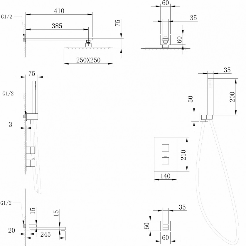 Душевая система скрытого монтажа Abber Daheim AF8250SP (сатин), с термостатом, с изливом