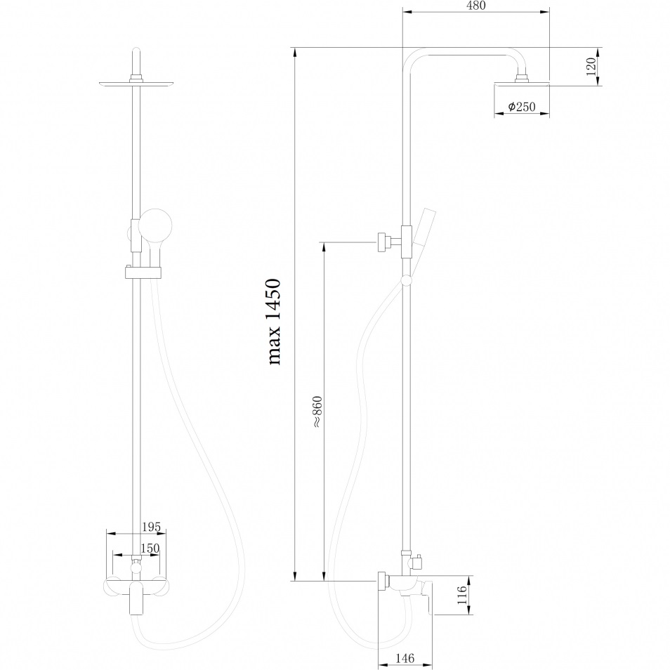 Душевая стойка Abber Weiss Insel AF8020BL 25x25 (черный матовый), без излива