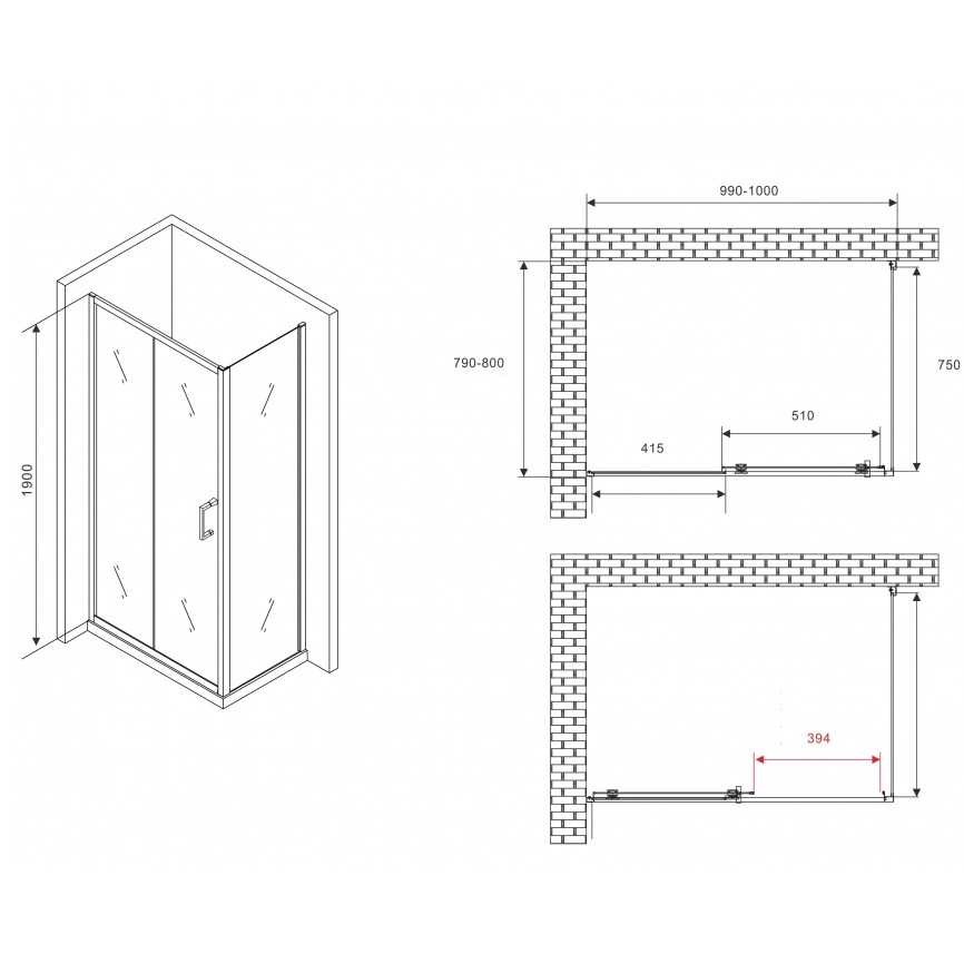 Душевой уголок Abber Schwarzer Diamant AG30100B5-S80B5 100x80x190 (черный матовый)