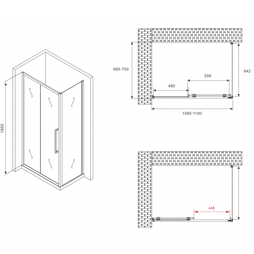 Душевой уголок Abber Schwarzer Diamant AG30110BH-S70B 110x70x195 (черный матовый)