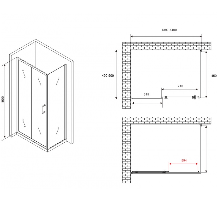 Душевой уголок Abber Schwarzer Diamant AG30140B5-S50B5 140x50x190 (черный матовый)