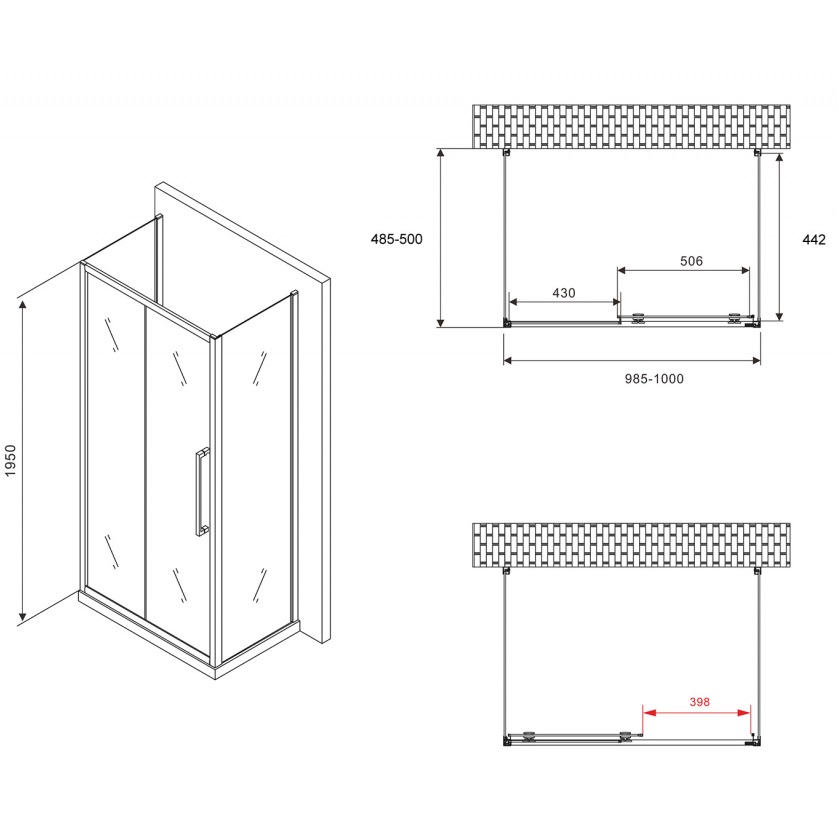 Душевой уголок Abber Schwarzer Diamant AG30100BH-S50B-S50B 100x50x195 (черный матовый), П-образный