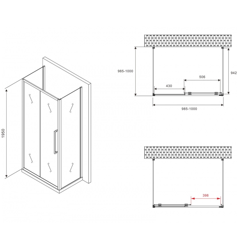 Душевой уголок Abber Schwarzer Diamant AG30100BMH-S100BM-S100BM 100х100х195 (черный матовый), П-образный