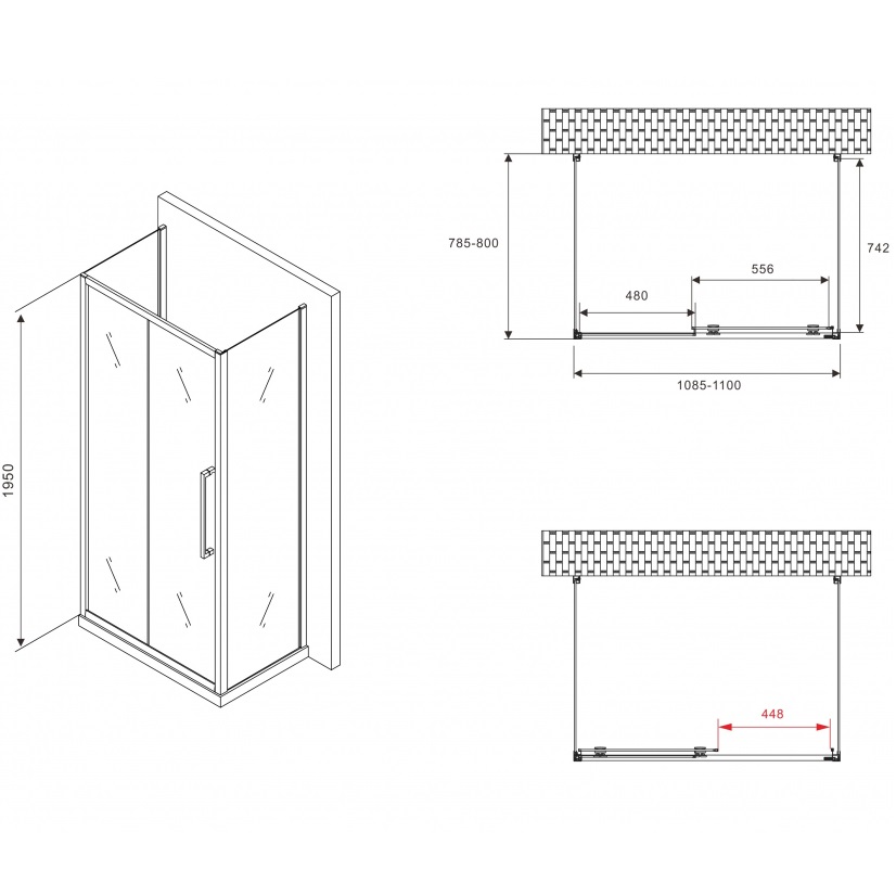 Душевой уголок Abber Schwarzer Diamant AG30110BMH-S80BM-S80BM 110х80х195 (черный матовый), П-образный
