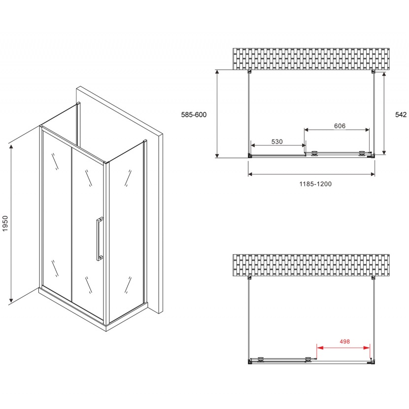 Душевой уголок Abber Schwarzer Diamant AG30120BH-S60B-S60B 120x60x195 (черный матовый),П-образный