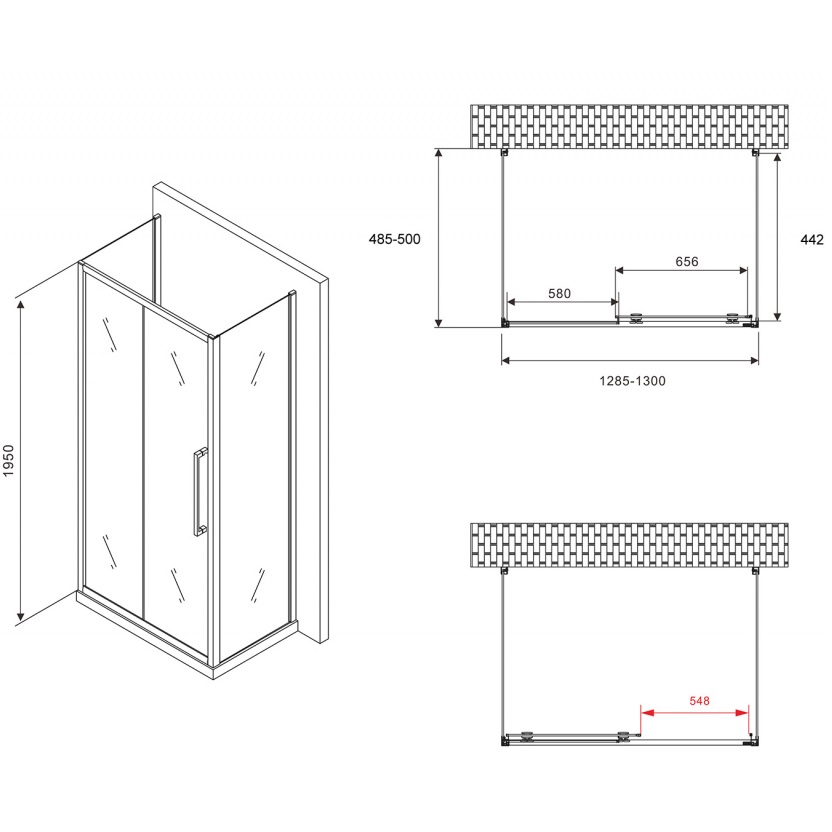 Душевой уголок Abber Schwarzer Diamant AG30130BH-S50B-S50B 130x50x195 (черный матовый), П-образный