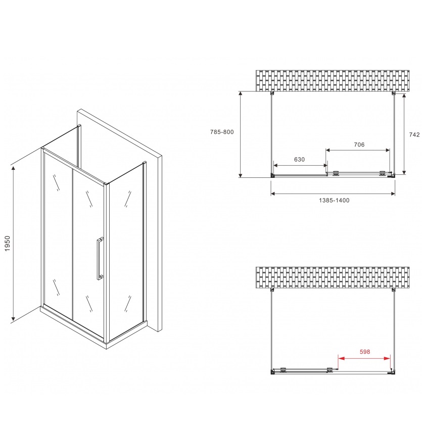 Душевой уголок Abber Schwarzer Diamant AG30140BH-S80B-S80B 140x80x195 (черный матовый), П-образный