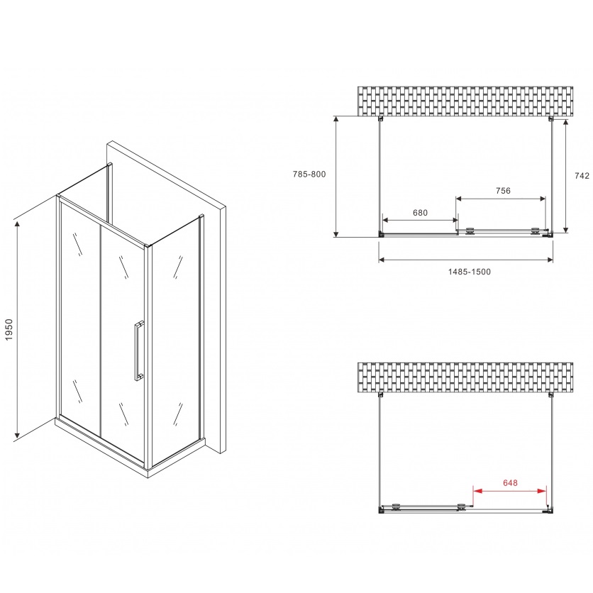 Душевой уголок Abber Schwarzer Diamant AG30150BH-S80B-S80B 150x80x195 (черный матовый), П-образный