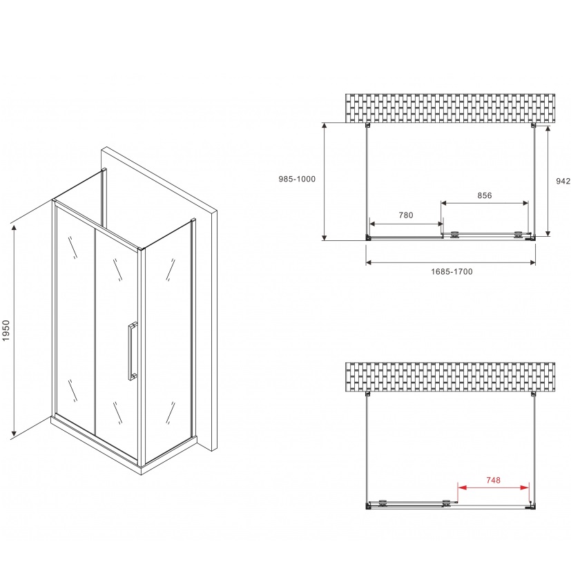 Душевой уголок Abber Schwarzer Diamant AG30170H-S100-S100 170x100x195 (хром), П-образный
