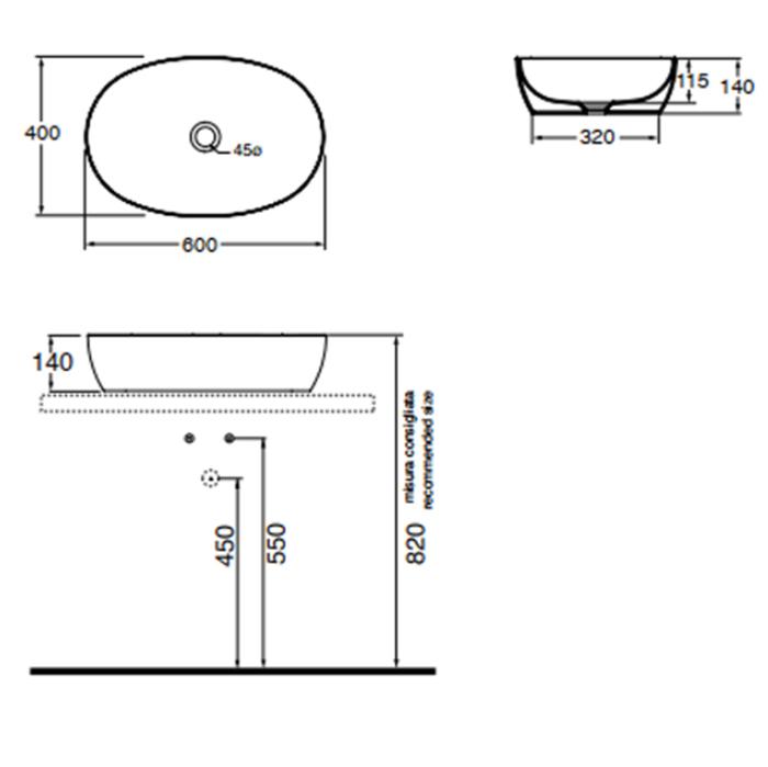 Раковина накладная Azzurra Elegance Circle ELLA060400C0BI/(ECI60 bi*0) 60х40