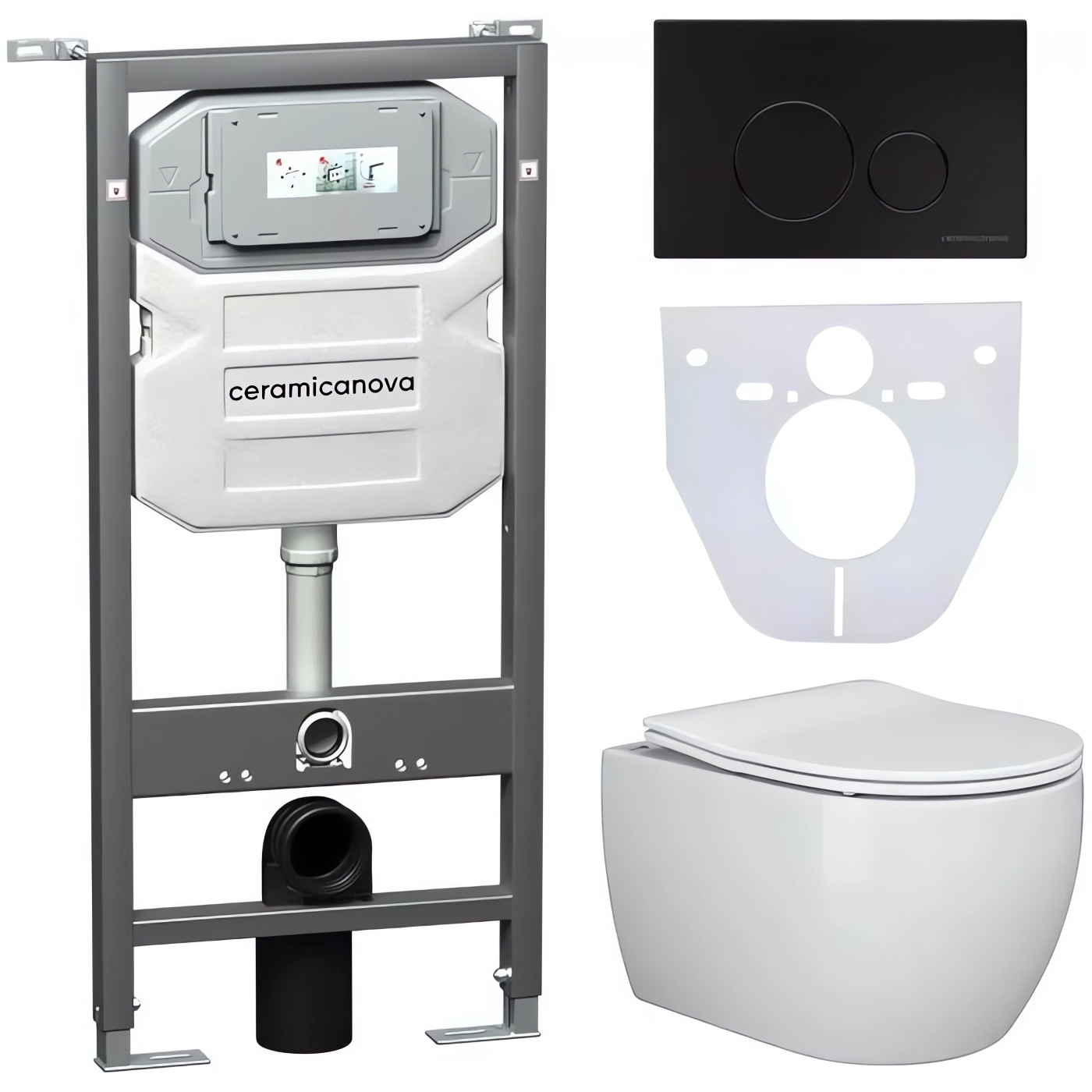 Комплект 4 в 1: Ceramica Nova CN3001_1001B_1000 Унитаз подвесной  Play + Система инсталляции Envision + Шумоизоляция + Кнопка смыва Round (чёрный матовый)