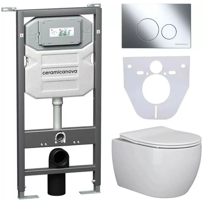 Комплект 4 в 1: Ceramica Nova CN3001_1001CH_1000 Унитаз подвесной  Play + Система инсталляции Envision + Шумоизоляция + Кнопка смыва Round (хром)