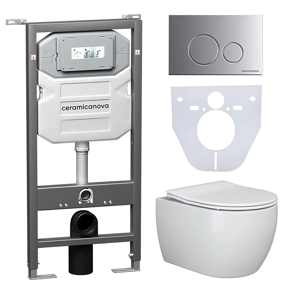 Комплект 4 в 1: Ceramica Nova CN3001_1001M_1000 Унитаз подвесной  Play + Система инсталляции Envision + Шумоизоляция + Кнопка смыва Round (хром мат)