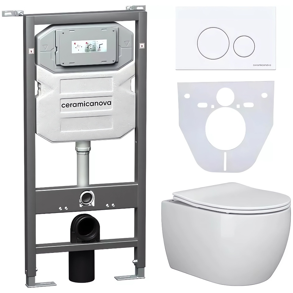 Комплект 4 в 1: Ceramica Nova CN3001_1001W_1000 Унитаз подвесной  Play + Система инсталляции Envision + Шумоизоляция + Кнопка смыва Round ( белый)