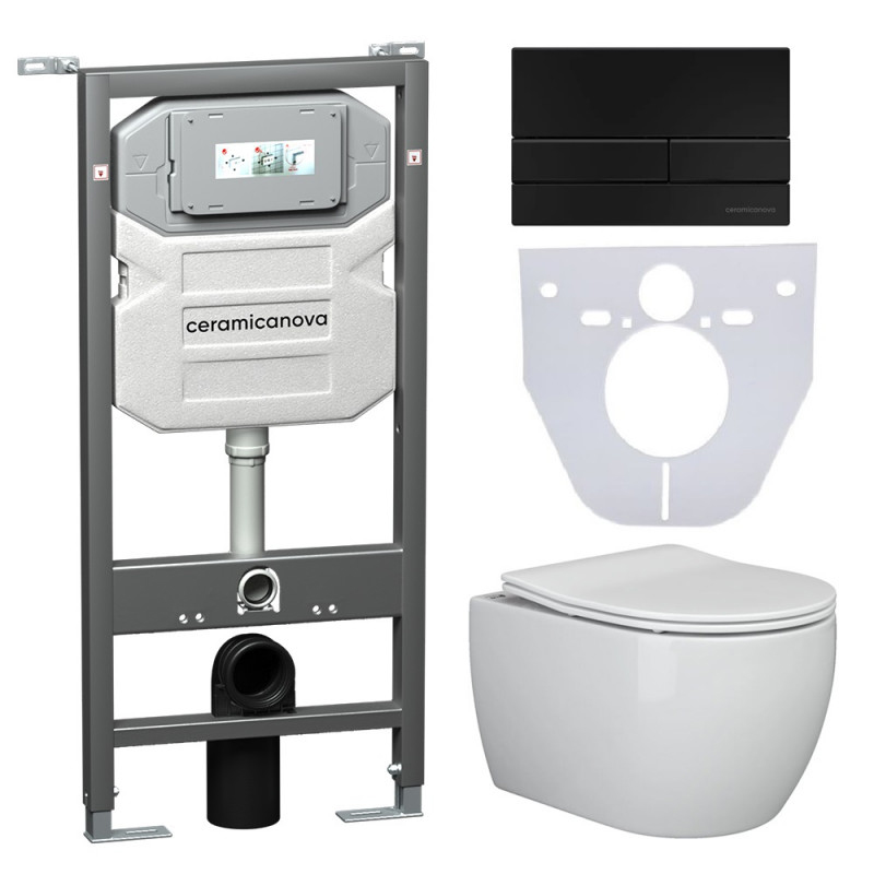 Комплект 4 в 1: Ceramica Nova CN3001_1002B_1000 Унитаз подвесной  Play + Система инсталляции Envision + Шумоизоляция + Кнопка смыва Flat (черный матовый)