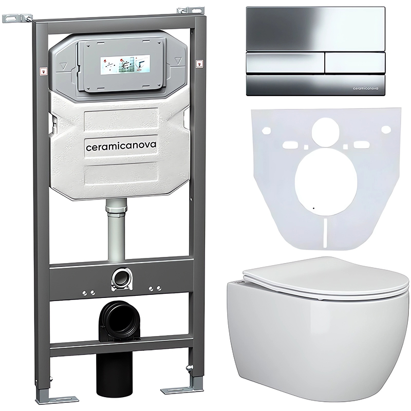 Комплект 4 в 1: Ceramica Nova CN3001_1002CH_1000 Унитаз подвесной  Play + Система инсталляции Envision + Шумоизоляция + Кнопка смыва Flat (хром)
