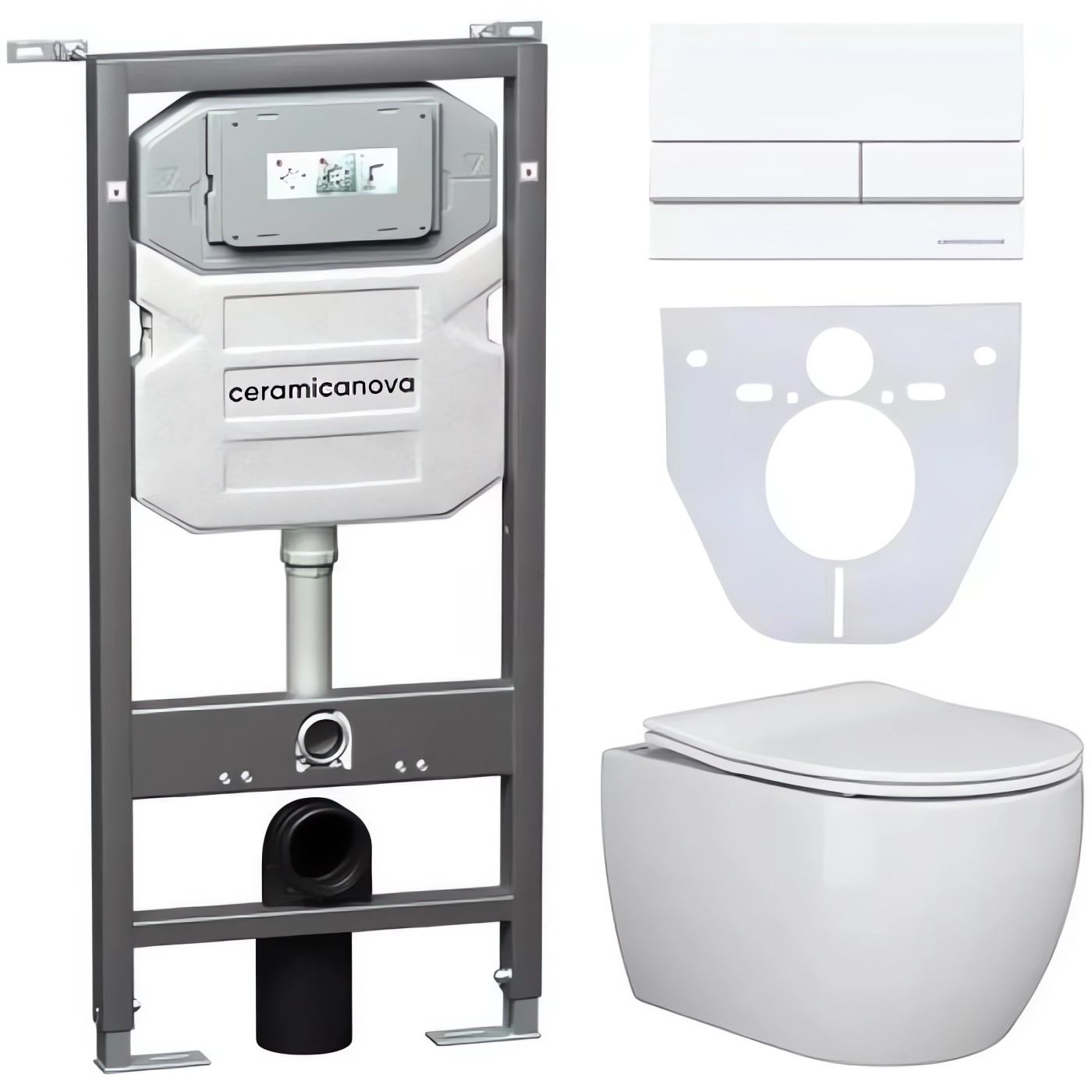 Комплект 4 в 1: Ceramica Nova CN3001_1002W_1000 Унитаз подвесной  Play + Система инсталляции Envision + Шумоизоляция + Кнопка смыва Flat (белый)
