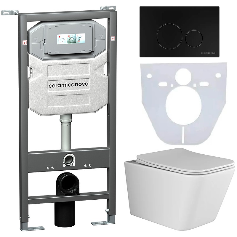 Комплект 4 в 1: Ceramica Nova CN3007_1001B_1000 Унитаз подвесной  Metric Rimless + Система инсталляции Envision + Шумоизоляция + Кнопка смыва Round (чёрный матовый)
