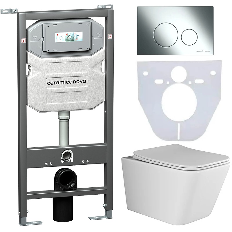 Комплект 4 в 1: Ceramica Nova CN3007_1001CH_1000 Унитаз подвесной  Metric Rimless + Система инсталляции Envision + Шумоизоляция + Кнопка смыва Round (хром)