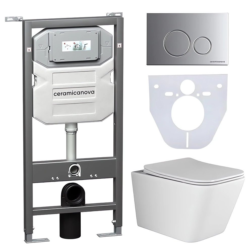 Комплект 4 в 1: Ceramica Nova CN3007_1001M_1000 Унитаз подвесной  Metric Rimless + Система инсталляции Envision + Шумоизоляция + Кнопка смыва Round (хром мат)