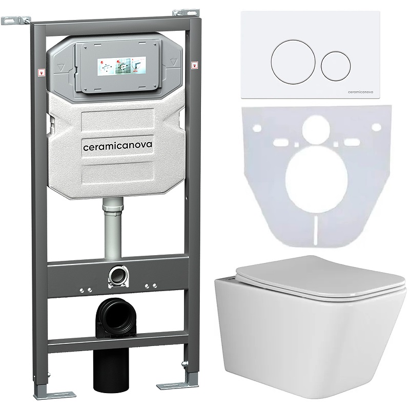 Комплект 4 в 1: Ceramica Nova CN3007_1001W_1000 Унитаз подвесной  Metric Rimless + Система инсталляции Envision + Шумоизоляция + Кнопка смыва Round (белый)